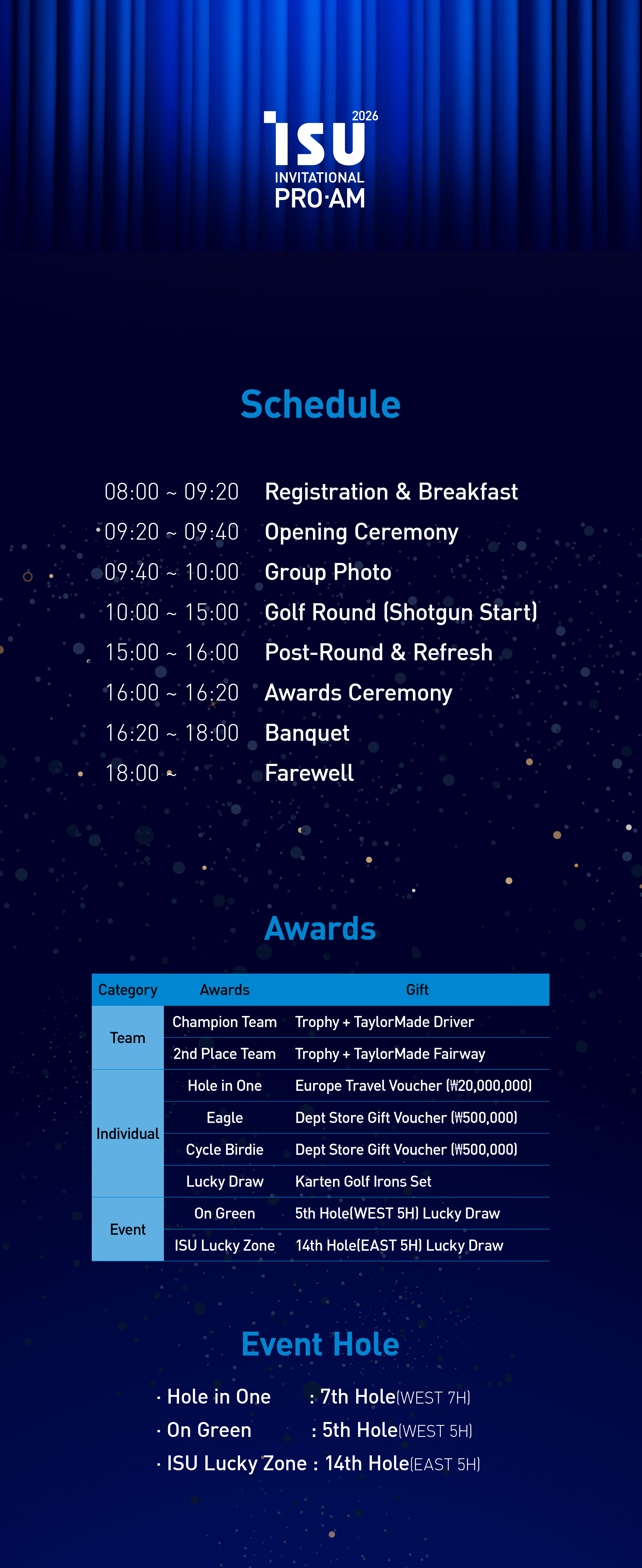 Event schedule, awards and hole events.